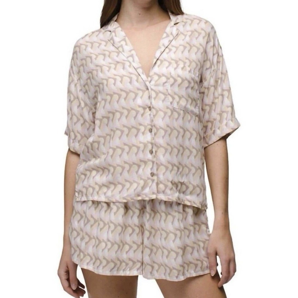 prAna Iguala Top Womens Large Willow Retro Geo Button Front Camp Shirt NWT